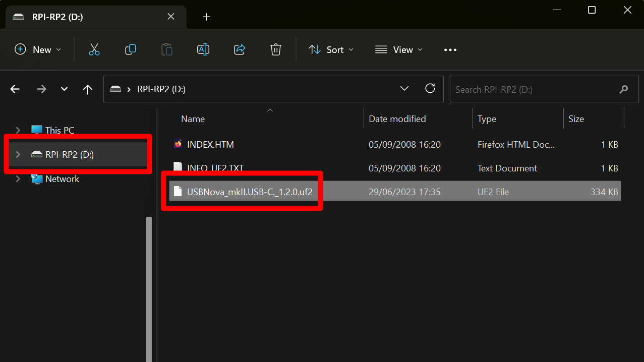 Pasting uf2 file onto USB RPI-RP2 drive